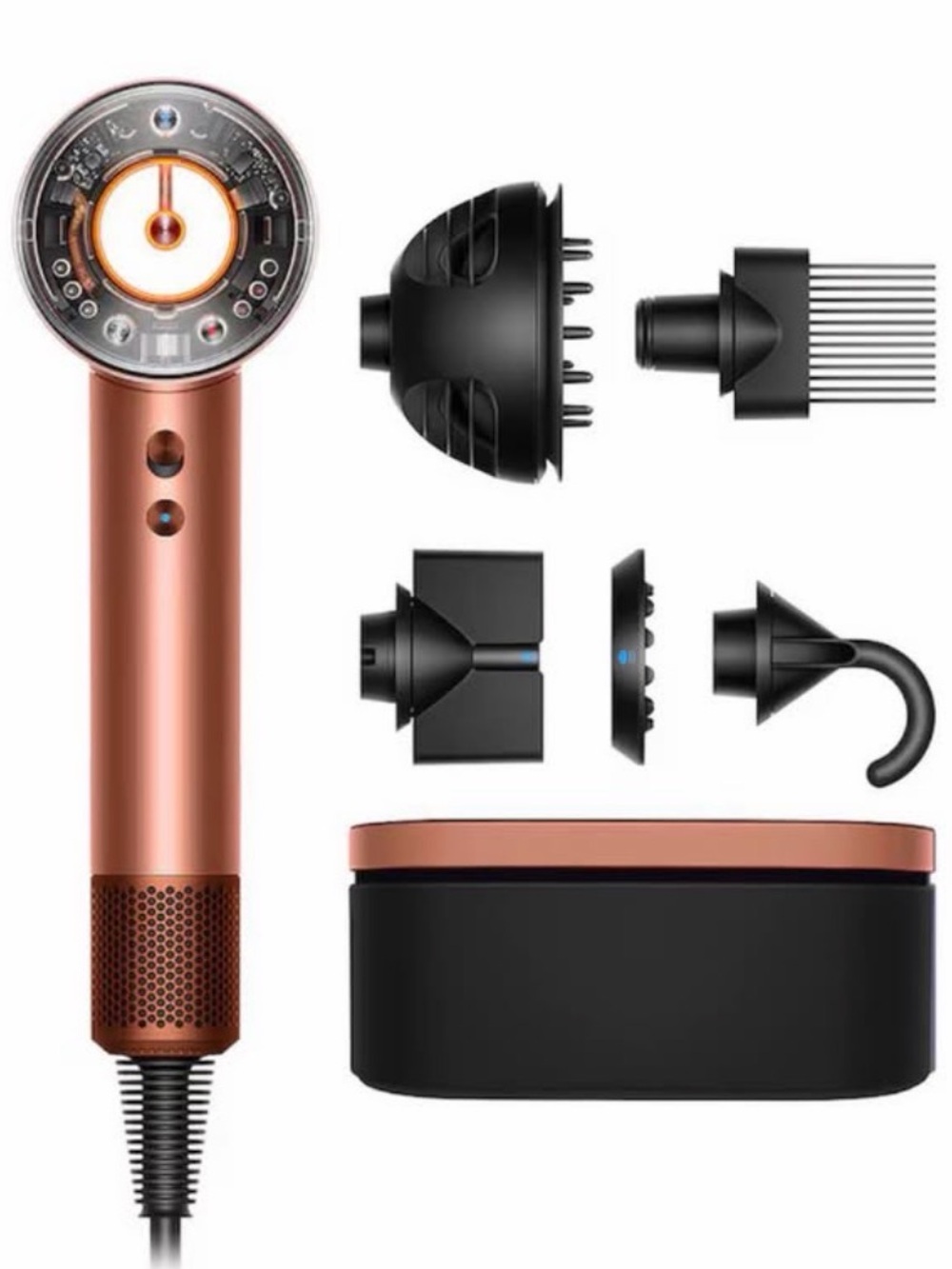 Dyson Hair Dryer in Rose Gold with Black Styling Attachments and Case